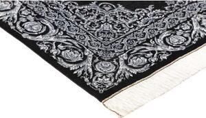 Tappeto Ghom Seta Medaglione Floreale Nero Bianco 135x200 Cm