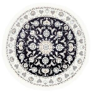 Tappeto Nain Kashmar Medaglione Floreale Nero Bianco Avorio Rotondo 140x140 Cm