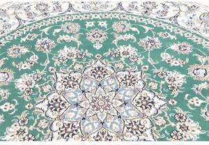 Tappeto Nain Kashmar Medaglione Floreale Verde Bianco Avorio Rotondo 197x200 Cm