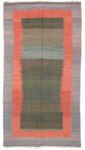 Tappeto Kilim Vintage Geometrico Verde Scuro Rosso Corallo 121x241 Cm