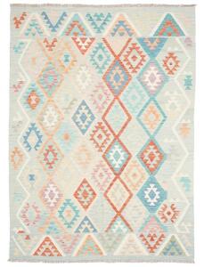 Tappeto Kilim Geometrico Grigio Chiaro Rosso Corallo 178x247 Cm