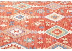 Tappeto Kilim Geometrico Rosso Aranciato Azzurro 204x305 Cm