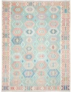 Tappeto Kilim Stilizzato Azzurro Rosso Mattone 303x398 Cm