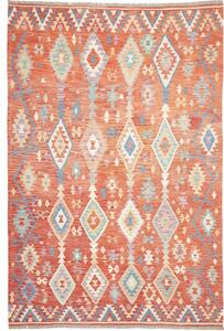 Tappeto Kilim Geometrico Rosso Aranciato Azzurro 204x305 Cm