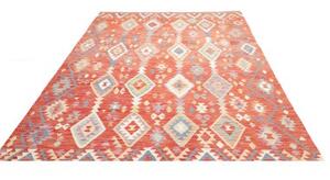 Tappeto Kilim Geometrico Rosso Aranciato Azzurro 204x305 Cm