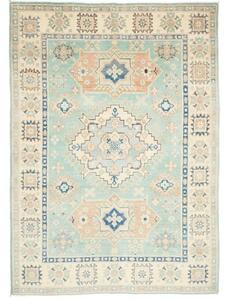 Tappeto Kazak Washed Stilizzato Verde Acqua Beige 147x206 Cm