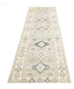 Tappeto Kazak Washed Geometrico Azzurro Beige Corsia 78x291 Cm