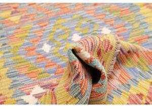 Tappeto Kilim Geometrico Giallo Senape Azzurro Corsia 80x243 Cm