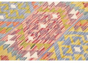 Tappeto Kilim Geometrico Giallo Senape Azzurro Corsia 80x243 Cm