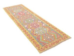 Tappeto Kilim Geometrico Giallo Senape Azzurro Corsia 80x243 Cm