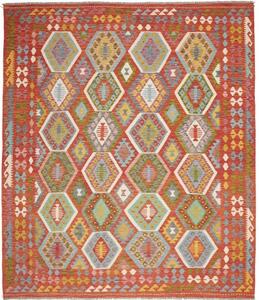 Tappeto Kilim Geometrico Rosso Azzurro 253x294 Cm