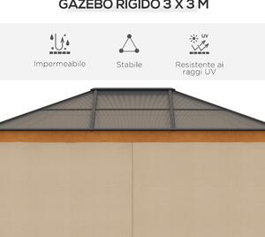 Outsunny Gazebo da Giardino in Acciaio, Alluminio e Poliestere con Tetto in Policarbonato e Zanzariere, 2.94x3.60x2.67 m, Kaki