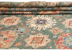 Tappeto Kazak Fine Stilizzato Verde Petrolio Rosso Mattone 245x314 Cm