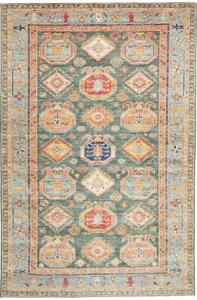 Tappeto Kazak Fine Stilizzato Verde Petrolio Rosso 204x311 Cm