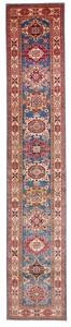 Tappeto Kazak Fine Stilizzato Blu Rosso Ruggine Corsia 79x407 Cm