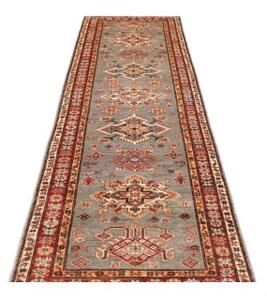 Tappeto Kazak Fine Geometrico Grigio Rosso Corsia 83x297 Cm