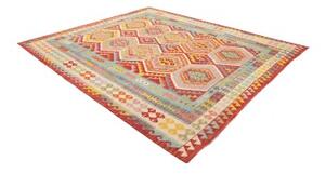 Tappeto Kilim Stilizzato Rosso Azzurro 254x287 Cm