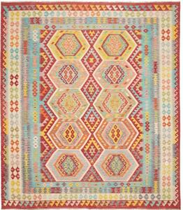 Tappeto Kilim Stilizzato Rosso Azzurro 254x287 Cm