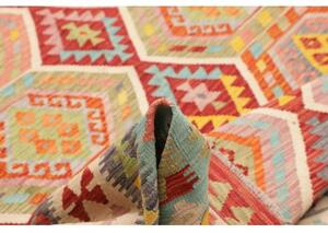 Tappeto Kilim Stilizzato Rosso Azzurro 254x287 Cm