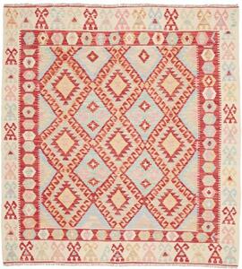 Tappeto Kilim Geometrico Rosso Azzurro Quadrato 167x179 Cm