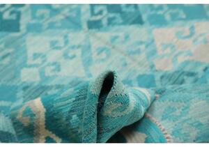 Tappeto Kilim Geometrico Turchese Bianco 242x297 Cm