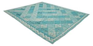 Tappeto Kilim Geometrico Turchese Bianco 242x297 Cm