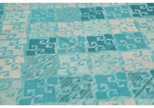 Tappeto Kilim Geometrico Turchese Bianco 242x297 Cm