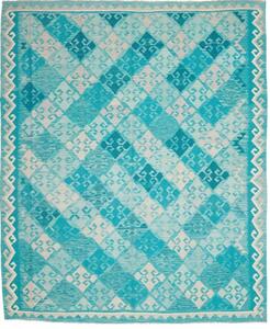 Tappeto Kilim Geometrico Turchese Bianco 242x297 Cm