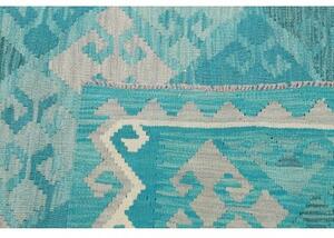 Tappeto Kilim Geometrico Turchese Bianco 242x297 Cm