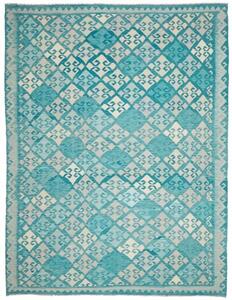 Tappeto Kilim Geometrico Verde Acqua Bianco Crema 250x342 Cm
