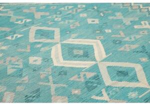 Tappeto Kilim Stilizzato Turchese Avorio 252x297 Cm
