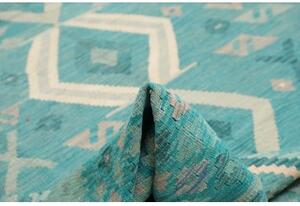 Tappeto Kilim Stilizzato Turchese Avorio 252x297 Cm