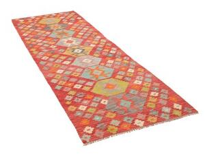 Tappeto Kilim Geometrico Rosso Multicolore Corsia 87x238 Cm