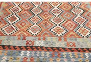 Tappeto Kilim Geometrico Blu Rosso Mattone 403x601 Cm