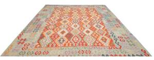 Tappeto Kilim Geometrico Arancione Azzurro 256x353 Cm
