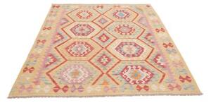 Tappeto Kilim Stilizzato Beige Rosso 155x193 Cm