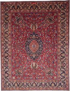 Tappeto Mashad Medaglione Floreale Rosso Blu Scuro 295x385 Cm