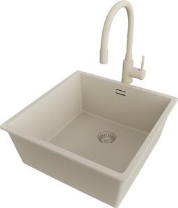 PRIMAGRAN lavello sottopiano in granito beige 46x47cm, lavello 1 vasca + rubinetto cucina 38x14cm + set di scarico, lavello in granito da base 50 cm - London