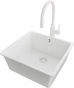 PRIMAGRAN lavello in granito All white 46x44cm, lavello 1 vasca + rubinetto cucina 38x14cm + set di scarico, lavello da cucina da base 50 cm - Venice Slim Easy