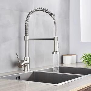 Miscelatore per cucina - Miscelatore per lavello - Doccetta estraibile - Miscelatore monocomando - Bocchetta girevole a 360° - Acqua calda e fredda - Tubo grigio spazzolato