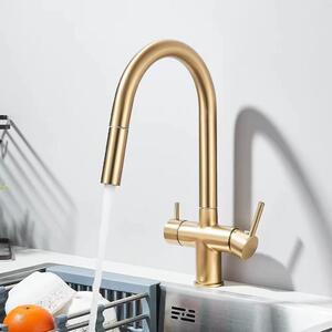 Rubinetto da cucina per acqua potabile filtrata - Rubinetto da cucina estraibile - Due manopole - Acqua calda e fredda - Girevole a 360° - Valvola in Vetroceramica - Finitura dorata spazzolata