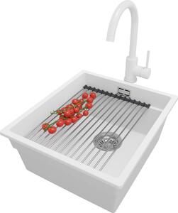PRIMAGRAN lavello sottopiano in granito bianco 41x47cm, lavello 1 vasca + set scarico + set accessori cucina, lavello in granito da base 45 cm - Praga