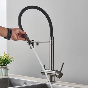 Rubinetto da cucina con filtro dell'acqua - Modello DW85 - Acqua fredda e calda - Bocchetta estraibile - Rotazione a 360° - Doppio sistema di erogazione - Grigio