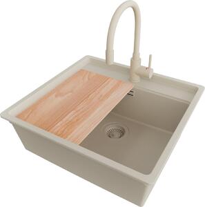PRIMAGRAN lavello sottopiano in granito beige 56x53cm, lavello 1 vasca + set scarico + set accessori cucina, lavello in granito da base 60 cm - Bergen