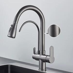 Miscelatore da cucina - Miscelatore per acqua filtrata - Doccetta estraibile - Rotazione a 360° - Acqua calda e fredda - Due manopole - Grigio gunmetal