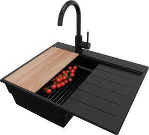 Lavello in granito PRIMAGRAN Tutto nero 62x50cm, lavello 1 vasca + set di scarico + set di accessori da cucina, lavello da cucina da base 40 cm - Sydney