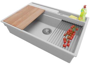 Lavello PRIMAGRAN grigio 78x53 cm, lavello in granito a vasca singola + set di scarico + set di accessori da cucina, lavello da cucina per mobili base da 80 cm - Oslo Pocket