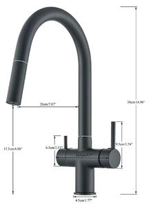 Miscelatore da cucina – Rubinetto con filtro e erogatore di acqua potabile estraibile – Adatto per acqua fredda e calda – Due manopole – Girevole a 360° – Montaggio su piano – Finitura nera opaca