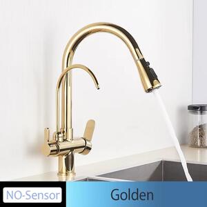 Miscelatore da cucina – Rubinetto estraibile – Acqua calda e fredda – Adatto per acqua filtrata – A due manopole – Montaggio su piano – Colore oro – Senza sensore
