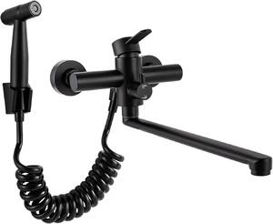 Miscelatore da cucina – Montaggio a parete – Acciaio inossidabile – Girevole a 360° – Con soffione – Tubo girevole da 35 cm – Colore nero